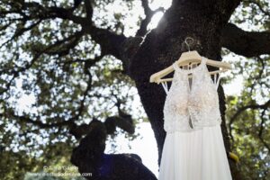 vestido de boda colgado en un árbol
