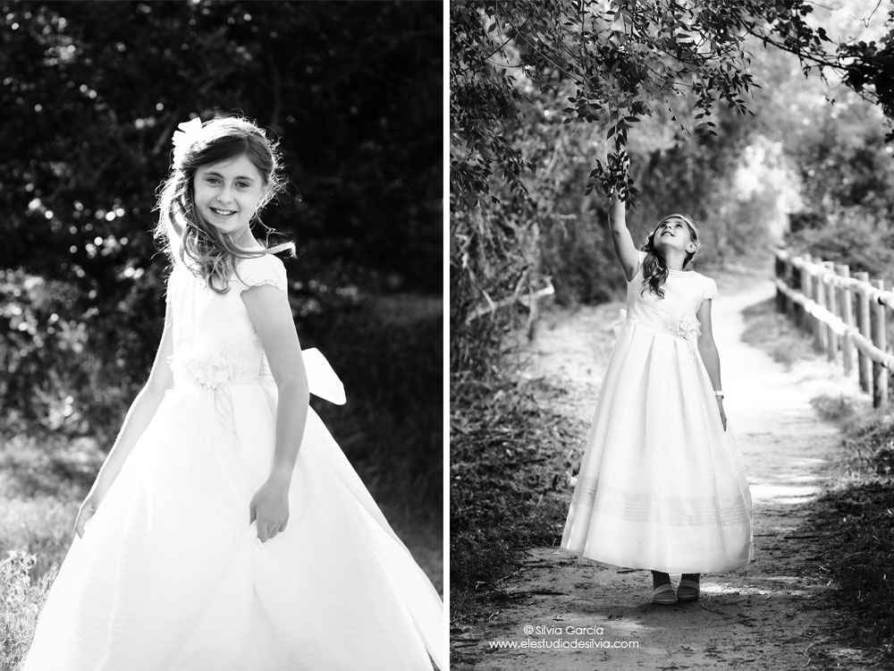 dos fotos de una niña vestida de comunión en el campo